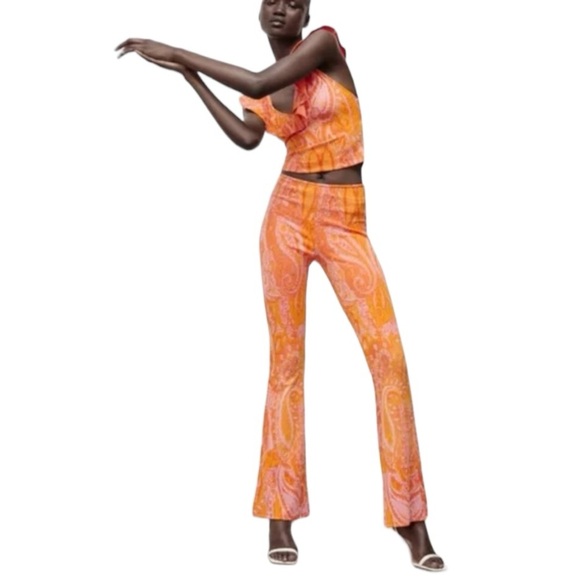 ZARA Orange Pink Jacquard Retro‎ Print 70’s Pants Bell Bottoms Flared size S NWT - Picture 3 of 10
